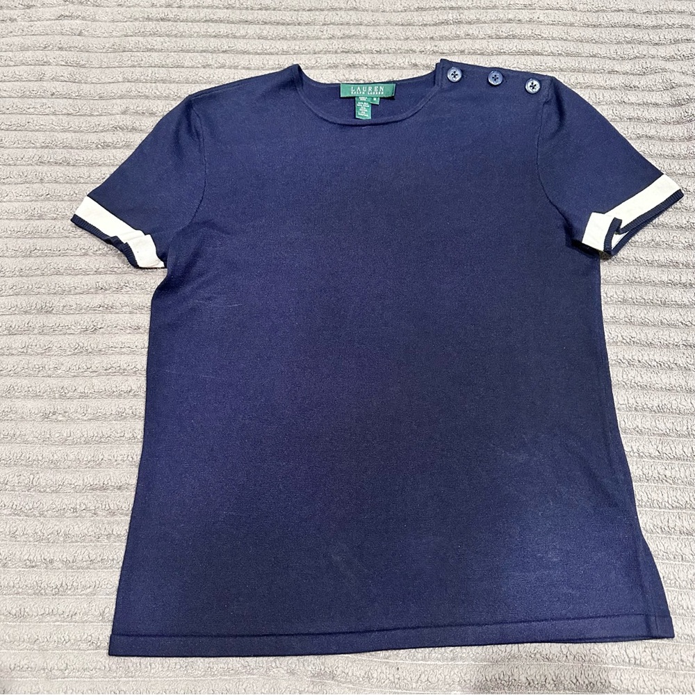 Lauren Ralph Lauren Navy Blue Silk Blend Women’s Tee with Button Accents